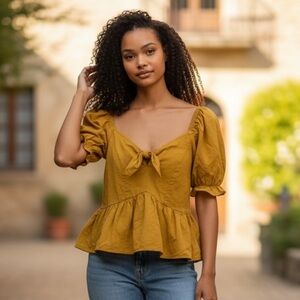 Sienna Sky Mustard Peplum Puff Sleeve Tie Front Cottagecore Top Medium